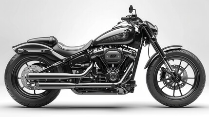 Obraz premium Black cruiser motorcycle profile, chrome exhaust, clean, bright studio background