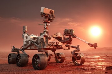 A high-resolution scene of a Mars rover robot standing on the ground, exploring the Martian terrain.