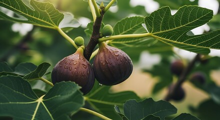 Ripe fig fruit on the branch with leaves and water droplets.