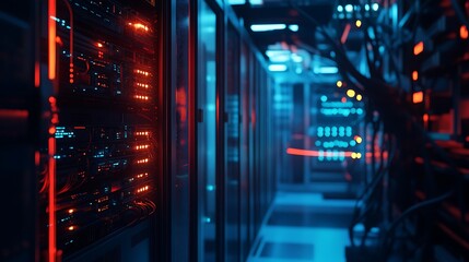 Exploring Server Room with Glowing Lights in Data Center