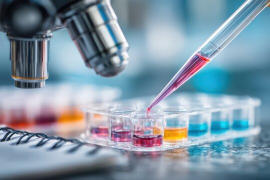 A scientist pipetting fluorescent dye into a microscope with liquid, conducting research in a laboratory setting.