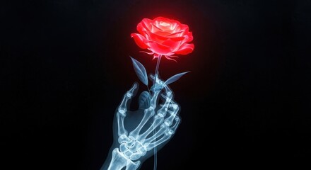 Ethereal X ray hand holding a glowing red rose against a dark background
