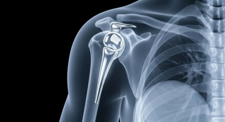 Detailed X Ray View of a Shoulder Joint Replacement Surgery with Prosthetic Implant and Upper Arm Bone