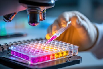 A scientist in a laboratory is carefully pipetting fluorescent dye into a small device for research purposes.