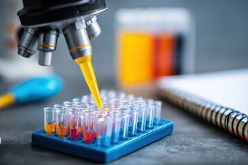 In a laboratory setting, a scientist is using a pipette to carefully transfer fluorescent yellow dye into a test tube under a microscope.