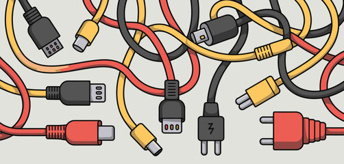 A tangled mess of colorful electronic cables and connectors on a light background