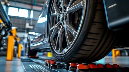 Obraz premium Car Wheel on Alignment Platform at Auto Repair Shop