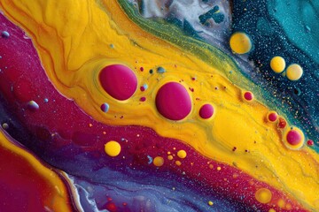 Abstract mix of yellow pink purple and blue paints with scattered droplets creates a swirling colorful texture