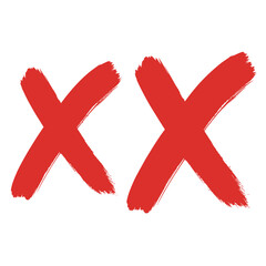 Two bold red brush stroke x marks on a clean white background