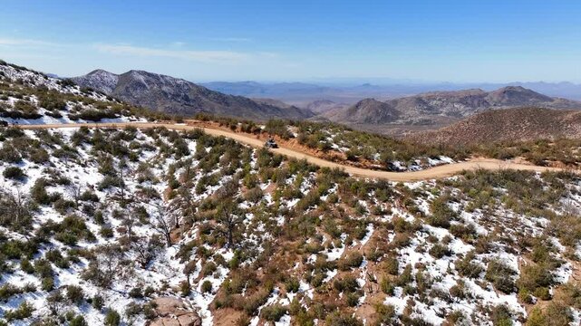 Aerial view of rugged mountains and winding road, United States.