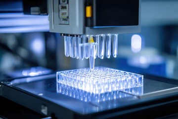 A close-up ultra-detailed view of a futuristic machine creating glass, resembling a DNA structure.