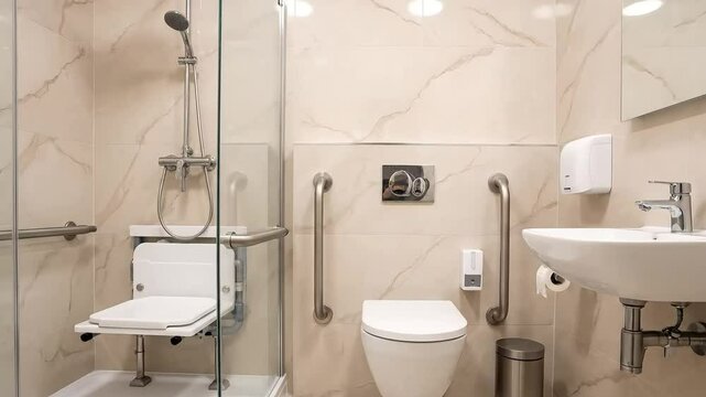 A clean and modern accessible bathroom designed for safety and mobility, featuring grab bars and a shower seat. Perfect for healthcare and architectural content