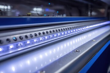 A detailed close-up shot of a futuristic machine emitting a blue light, resembling a DNA structure.