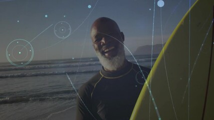 Surfer holding yellow surfboard with waves starting digital network overlay for technology - Powered by Adobe