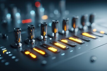 A detailed close-up image of a futuristic mixer with various knobs and buttons, showcasing modern technology and innovation.