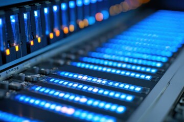 A close up of a futuristic computer with many blue lights illuminating the screen and keyboard, creating a high-tech and visually striking image.