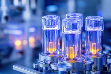 A close-up of a futuristic machine with three tubes, one of them illuminated by a light, resembling a high-tech DNA structure.