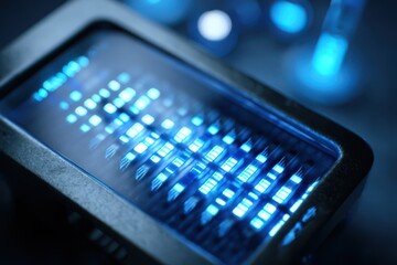 A detailed close-up shot of a futuristic cell phone emitting a blue light, creating a sci-fi and high-tech vibe.