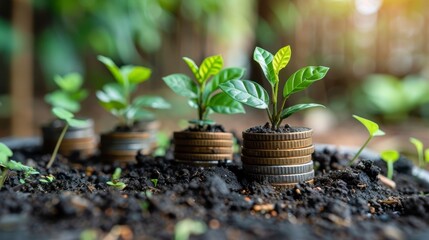 Plants sprout from coin stacks in soil, close-up, with blurred green background, illustrating growth