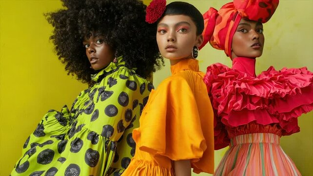 Three models pose in vibrant, ruffled dresses against a yellow backdrop