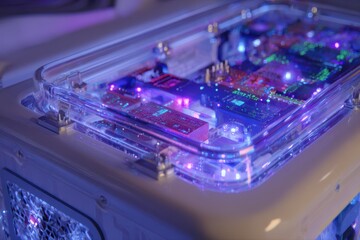 A detailed close-up of a modern computer showing a small processor, with futuristic DNA-like patterns on the screen.