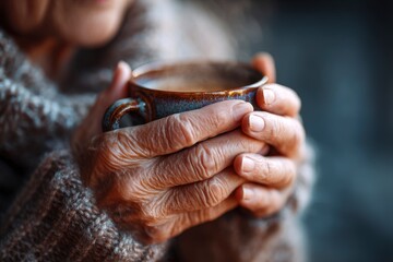 An elderly person holds a steaming mug wearing a cozy sweater closeup on hands and cup