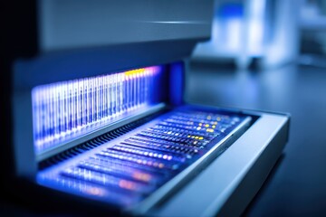A detailed close-up shot of a futuristic sound machine, showcasing intricate design elements resembling DNA strands.