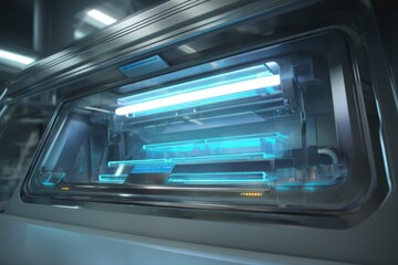 A close-up view of a futuristic DNA machine located inside a building, showing intricate details and advanced technology.