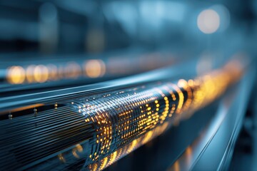 A detailed close-up shot of a futuristic metal bar illuminated by lights, giving it a high-tech and futuristic appearance.