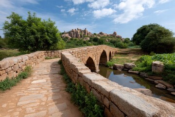 Arched stone bridge over water amidst green landscape under a blue sky