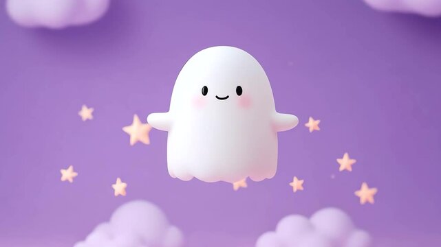 Adorable white ghost with smiling face and pink cheeks floating among soft stars and clouds on purple background creating cute and cheerful scene