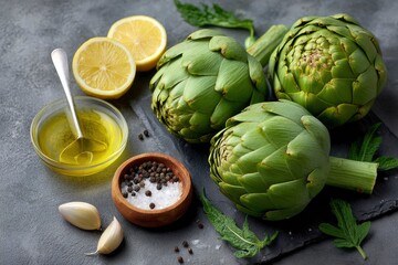 Artichokes lemons olive oil garlic and seasonings are arranged on a textured gray surface with a slate slab