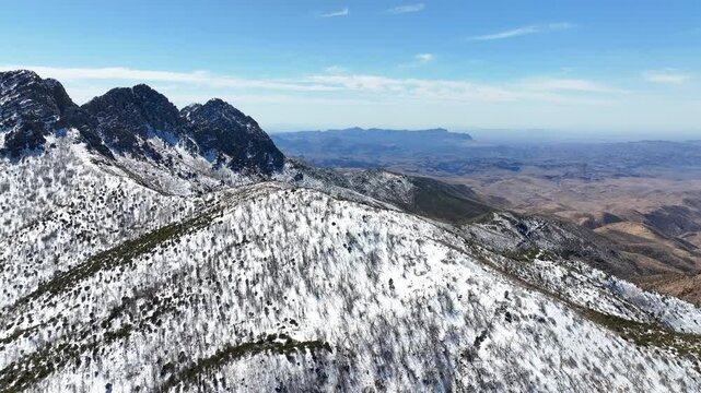 Aerial view of snowcapped peaks in winter landscape, United States.