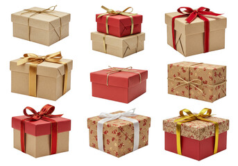 Isolated Presents with Gold and Red Bows on Transparent Background