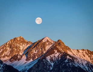 Majestic mountains bathed in sunrise light, a full moon above