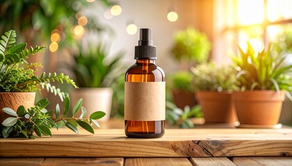 Kraft paper labeled spray bottle on a wooden shelf, potted plants, sunlight background, cozy and sustainable theme, natural or organic product branding