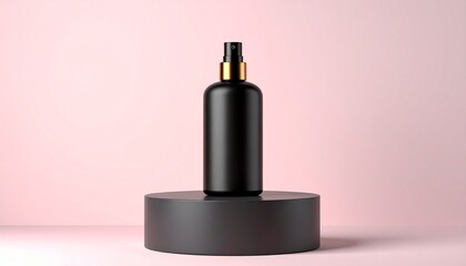 Obraz premium Modern spray bottle in black on a podium, pastel gradient background, luxury fragrance or grooming product mockup