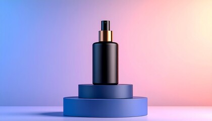 Modern spray bottle in black on a podium, pastel gradient background, luxury fragrance or grooming product mockup
