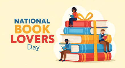 Illustration celebrating National Book Lovers Day, featuring people reading on a stack of books.
