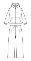 Basic zip up Hoodie and Sweatpants Set Technical Fashion Flats. Matching hoodie and Pants Loungewear Vector Template. Front design. Relaxed Fit. Unisex Casual Set. CAD Mockup set. © aivenstudio