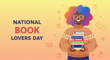 Illustration for National Book Lovers Day featuring a smiling woman holding a stack of books.