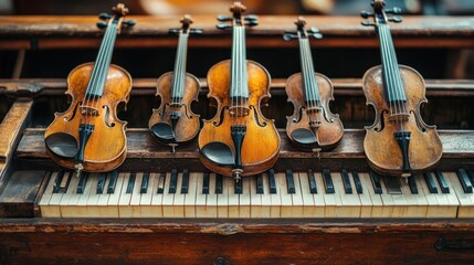 Naklejka premium orchestral harmony a symphony of violins resting on vintage piano keys evoking a timeless elegance and the captivating allure of musical heritage displayed with refined aesthetics