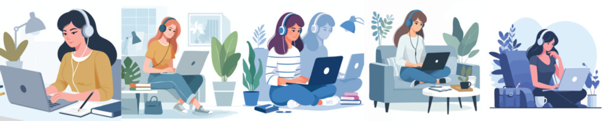 Freelance Woman Working on Laptop While Listening to Music – Flat Vector Illustration