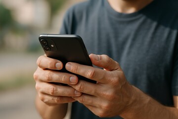 Close-Up Capture of Hands Holding a Smartphone Outdoors