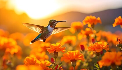 A hummingbird soars through a field of marigolds at sunset