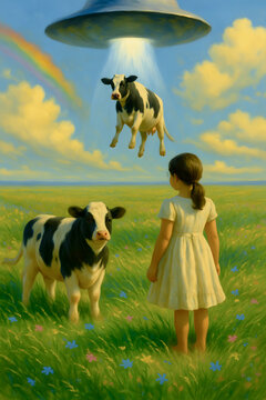 UFO Abducting Cow Above Green Field with Girl and Rainbow Digital Art