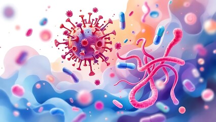 Artistic Visualization of Common Cold Virus Interacting with Antibiotic-Resistant Bacteria in Soft Watercolor on White
