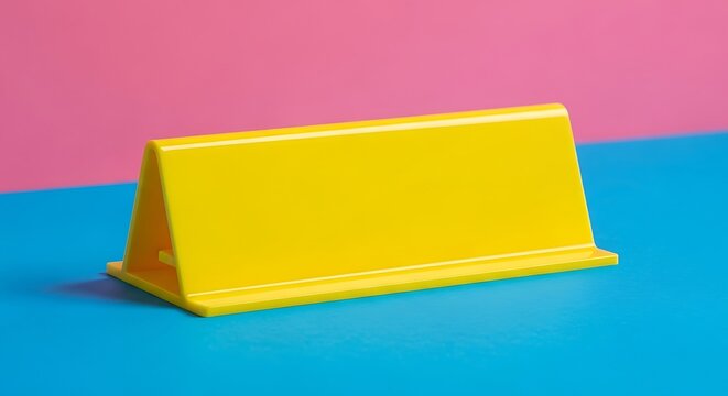 Bright yellow plastic nameplate on a contrasting two-tone backdrop creating a modern look - Powered by Adobe