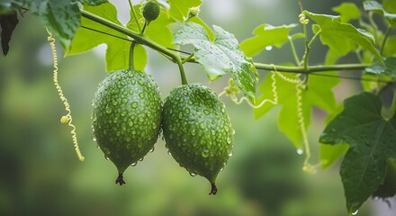 Two green teasle gourds hanging with water droplets on leaves and vine.