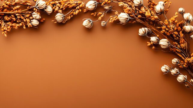 Dried floral garland with white buds and orange background creates warm, autumnal atmosphere